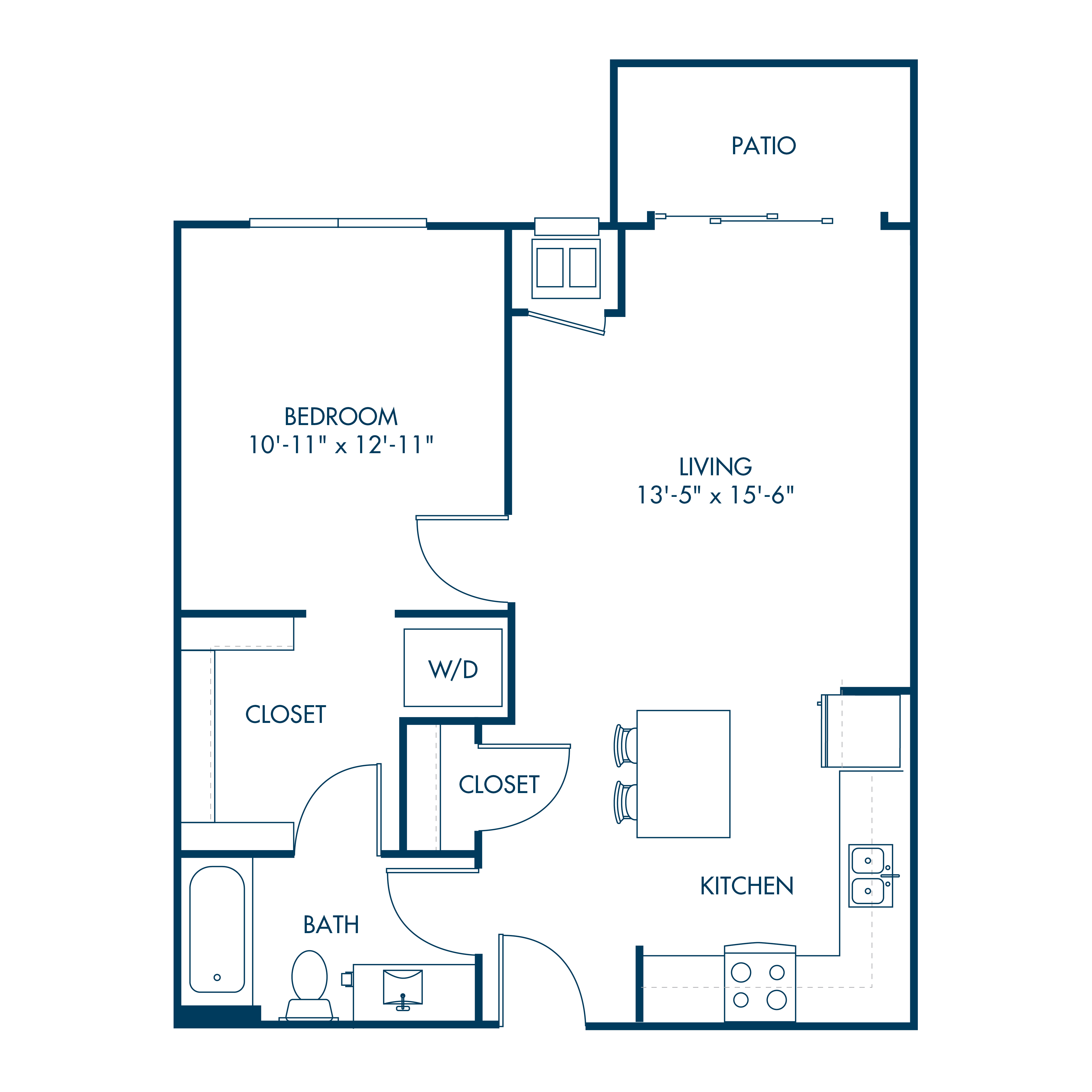 Blue line drawing of a 1-bedroom apartment floor plan, showing living room, kitchen, bedroom, bath, and patio.