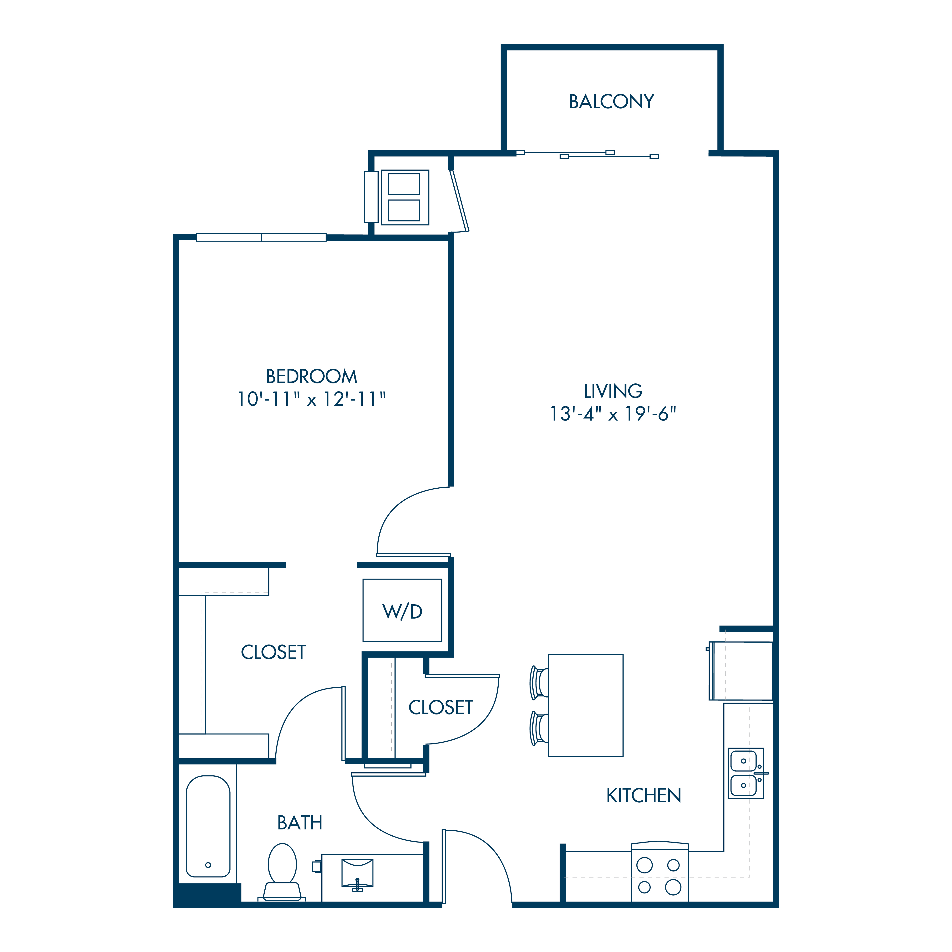 Floor plan graphic of a one-bedroom, one-bath apartment with living room, kitchen, and balcony, in blue on white.