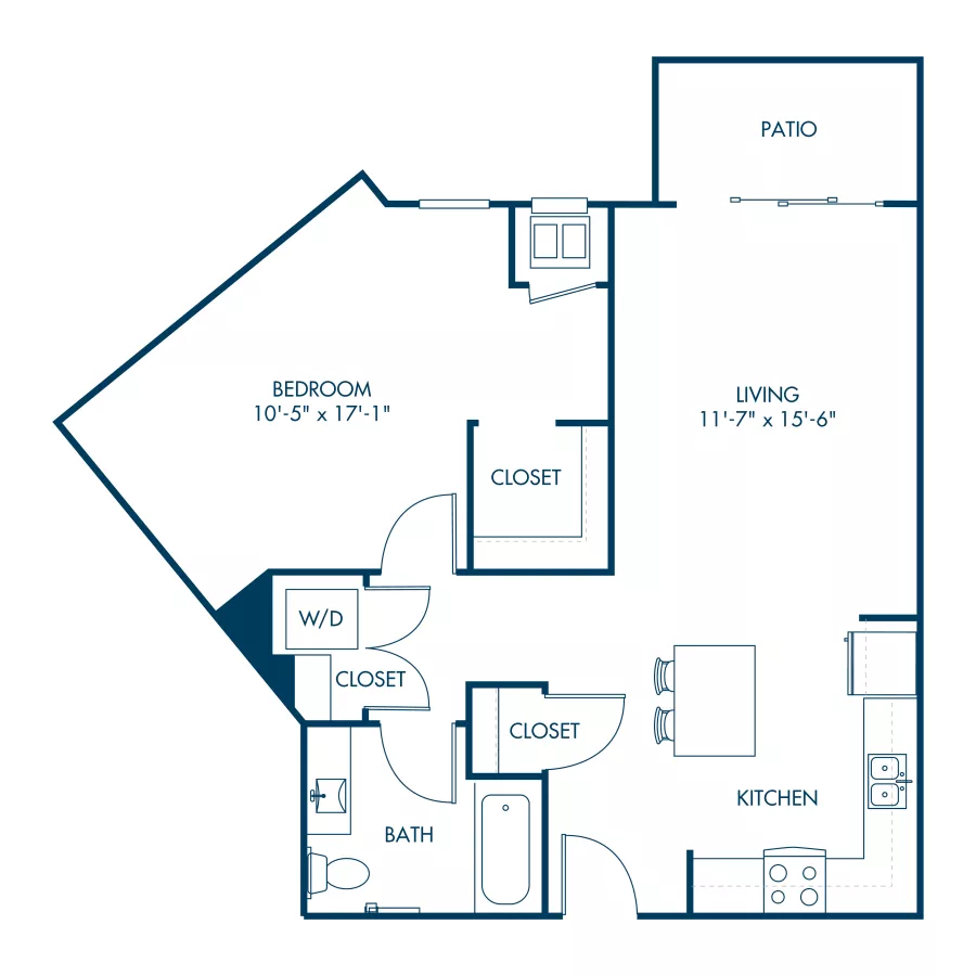  1-bedroom apartment with kitchen, living room, bath, patio, and multiple closets.