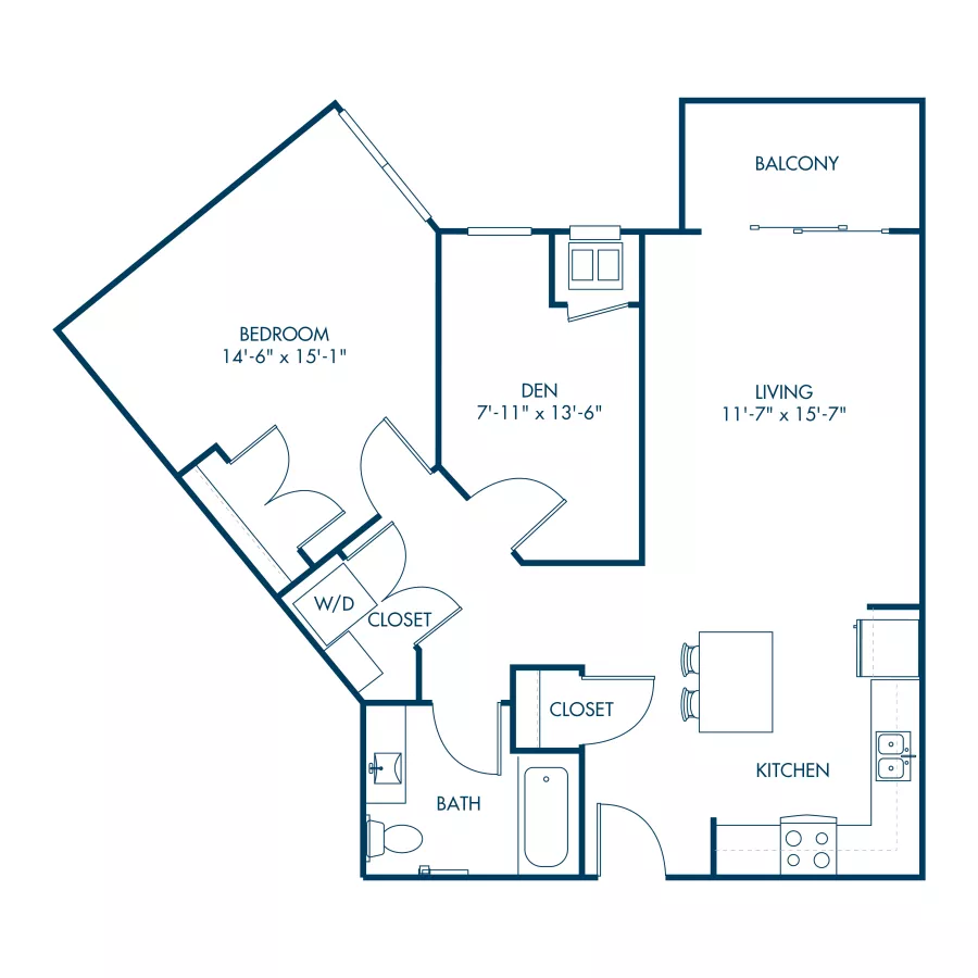 Graphic of a one-bedroom, one-bath apartment floor plan with a den, kitchen, living room, and balcony.