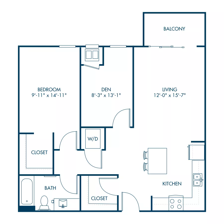  One-bedroom apartment with a den, living room, kitchen, bath, and balcony.
