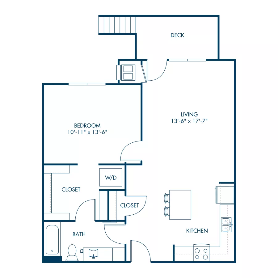 One-bedroom apartment floor plan with living room, kitchen, bath, two closets, washer/dryer, and outdoor deck.