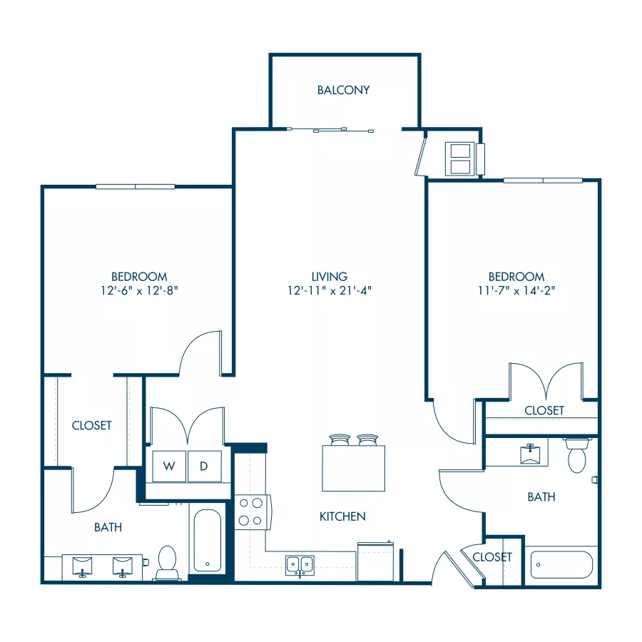 Graphic: Two-bedroom apartment floor plan showing living room, kitchen, two baths, and balcony.