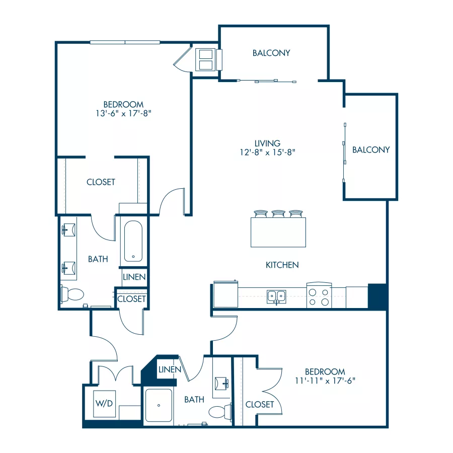Floor plan graphic for a two-bedroom, two-bath apartment with a living room, kitchen, and two balconies.