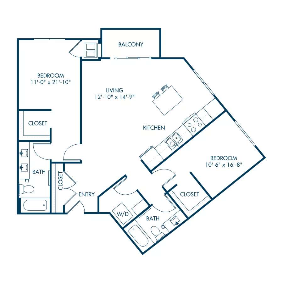 Graphic of a two-bedroom, two-bathroom apartment floor plan with living room, kitchen, and balcony.