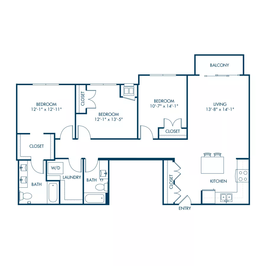 Graphic: Floor plan of a 3-bedroom, 2-bathroom apartment with living room, kitchen, dining area, laundry, and balcony.