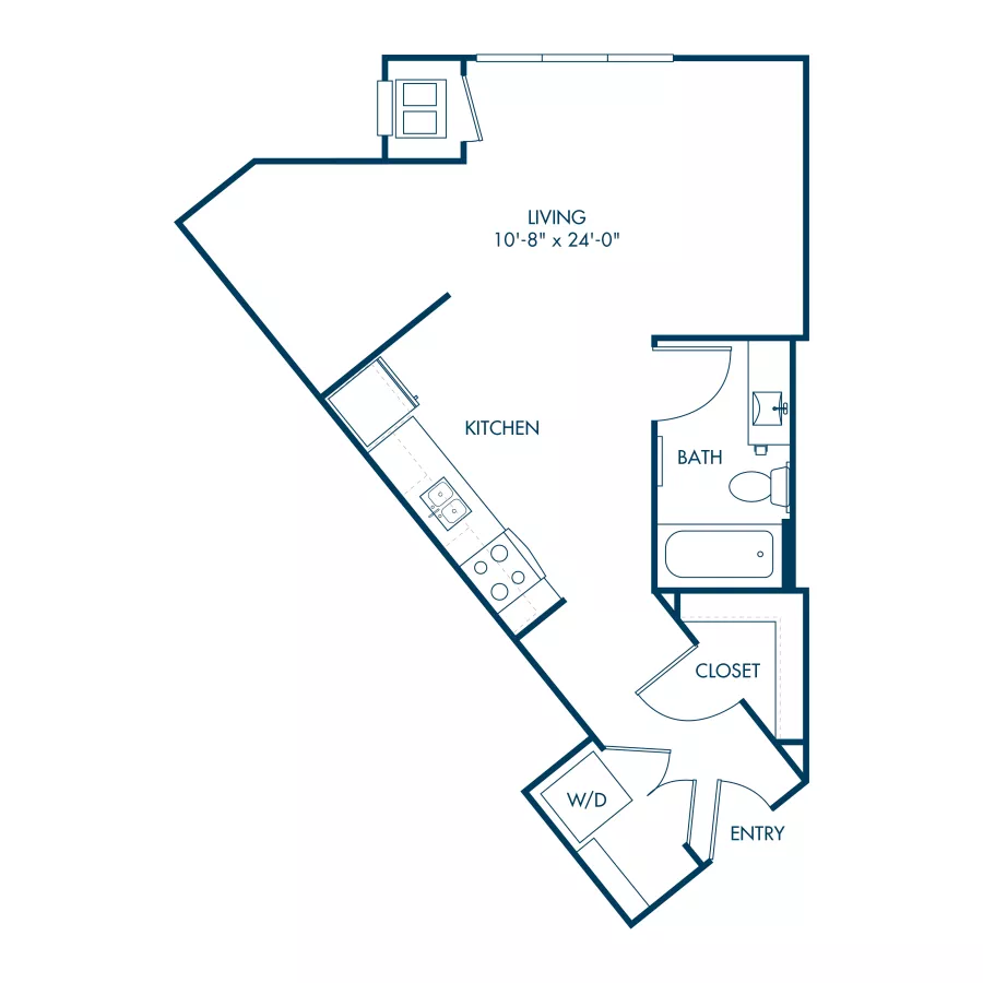Floor plan graphic for a studio apartment, featuring living room, kitchen, bathroom, closet, and W/D.