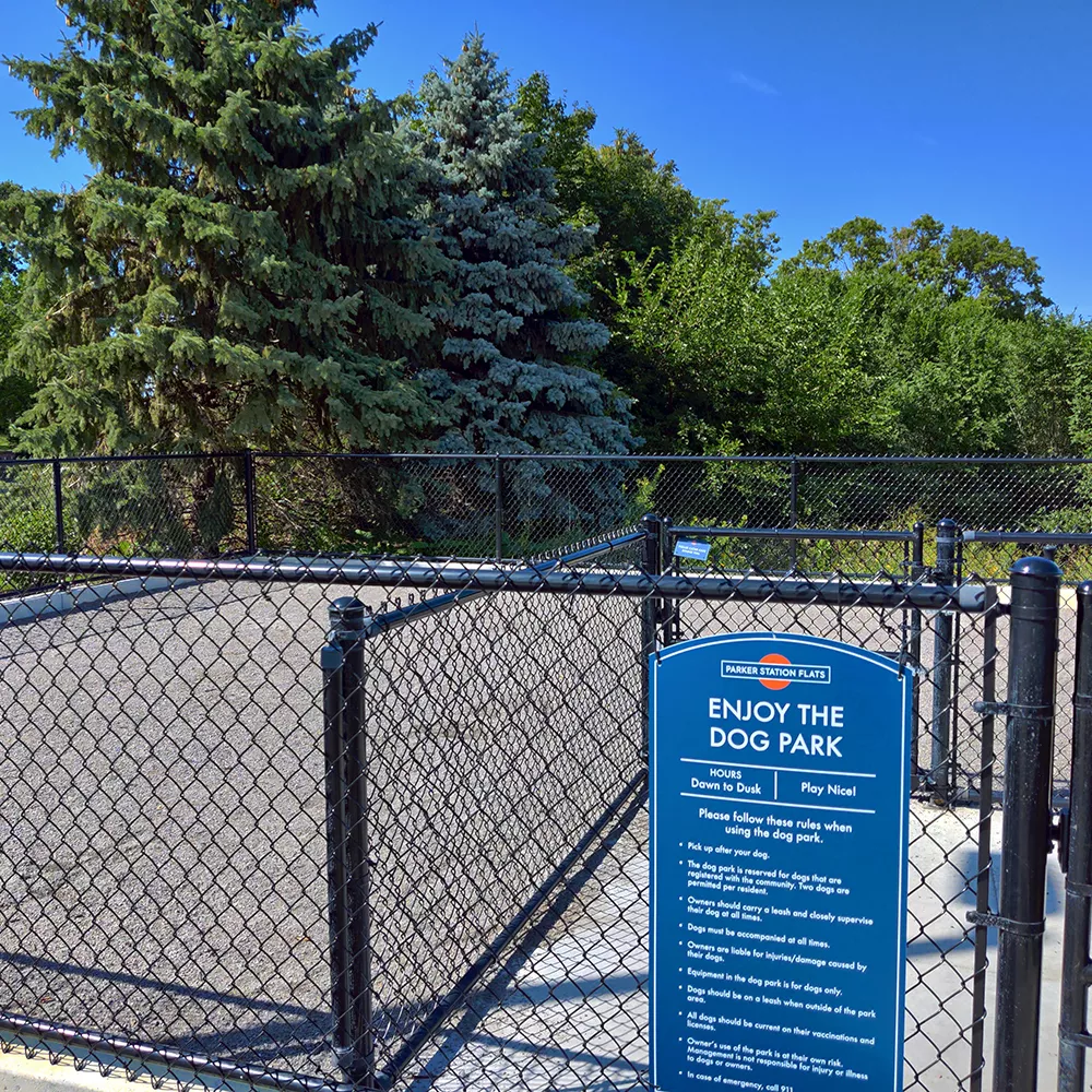 Photograph of a dog park enclosure with a chain-link fence, a blue rules sign, and green trees under a clear sky.